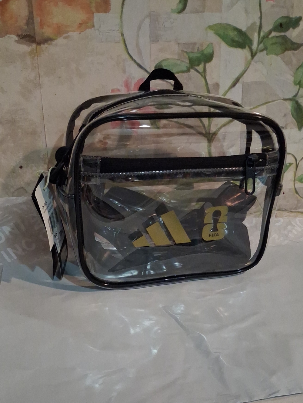 adidas  Clear Toiletry Pouch Black Trim Gold fifa Logo Crossbody Option Nwt